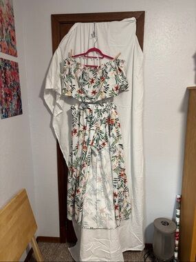 Floral Off-Shoulder Two-Piece Maxi Skirt- White with Green & Orange Floral